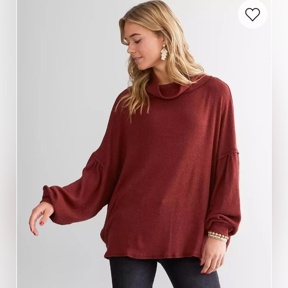 BKE Buckle Brushed Knit Ribbed Turtleneck Red Rust Color Size Small Open Back - Picture 3 of 11